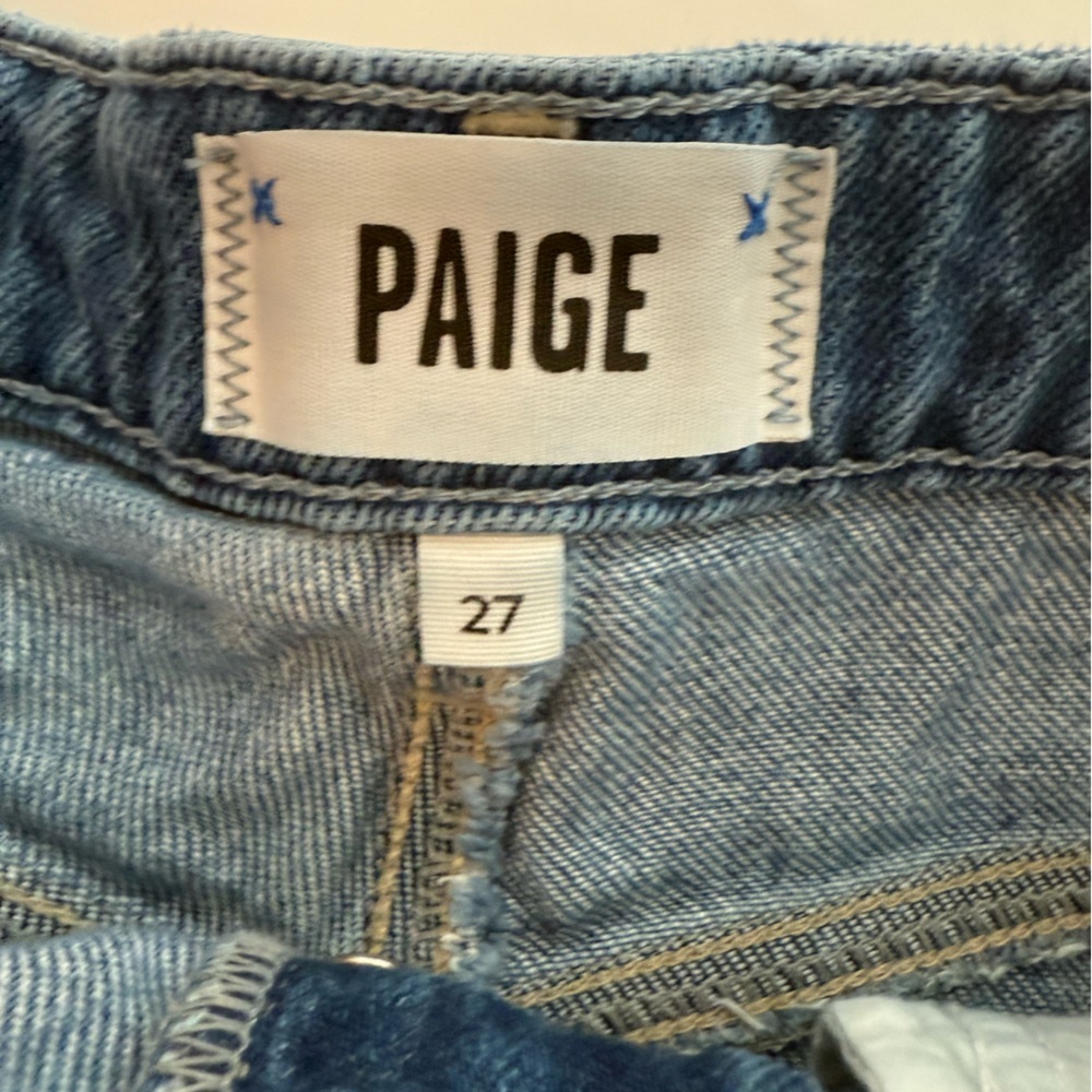 PAIGE Noella High Rise Denim Shorts 27 Petite Raw Hem Button Fly Serine - Picture 6 of 10